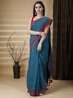 SRILOK Solid/Plain Handloom Pure Cotton Saree(Green)