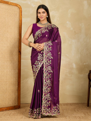 SARETRA MALL Embroidered, Floral Print Bollywood Tissue, Organza Saree(Purple)