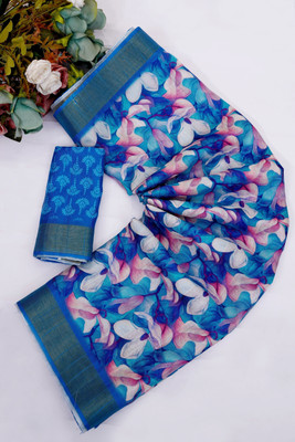 SRCRIATION Floral Print, Printed Bollywood Chanderi Saree(Blue)