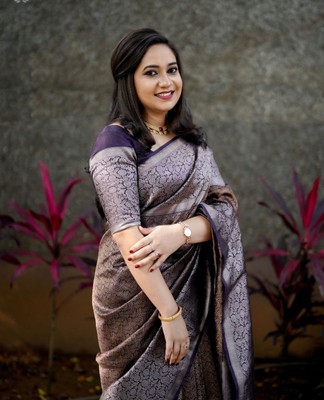 MAHADEV DESIGN Woven Kanjivaram Pure Silk Saree(Purple)