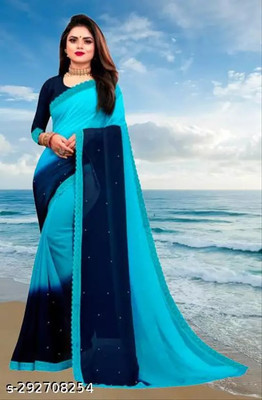 SNIXTY Color Block, Dyed, Embellished Bollywood Georgette Saree(Light Blue)