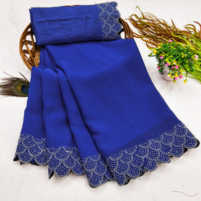 Harani Solid/Plain, Embellished Bollywood Georgette Saree(Blue)
