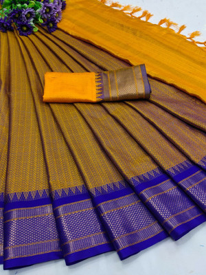 VRINDITA FASHION Woven Mysore Cotton Silk Saree(Gold, Blue)