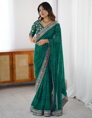 Satrani Printed, Embellished, Embroidered Bandhani Lace, Georgette Saree(Green)