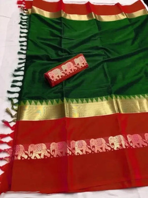 KanjiQueen Woven Kanjivaram Cotton Silk, Silk Blend Saree(Dark Green, Red)