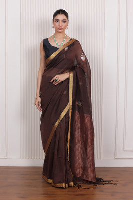 Fad Collection Solid/Plain, Printed Daily Wear Linen Saree(Brown)