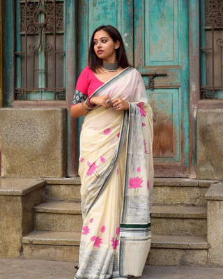 STAVA CREATION Printed Bollywood Linen Saree(White)