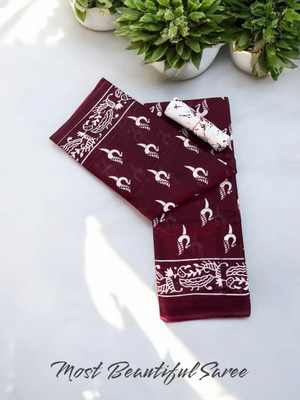 MAHI IMPEX Printed Ikkat Pure Cotton Saree(Maroon)