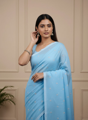 BongAp Self Design Handloom Cotton Blend Saree(Light Blue)