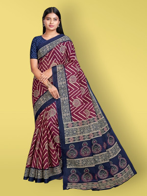 Jevi Prints Blocked Printed Bollywood Pure Cotton Saree(Magenta)