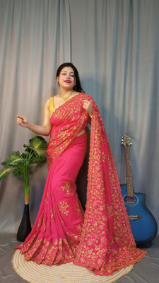 Dona Sharee Embroidered Bollywood Silk Blend Saree(Pink)