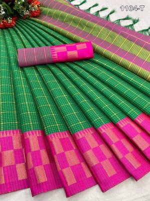 Laxmitax Woven, Embellished, Self Design, Checkered Chettinadu Jacquard, Cotton Silk Saree(Green, Pink)