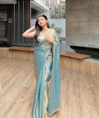 nirmal creation Solid/Plain Bollywood Chiffon Saree(Blue, Gold)