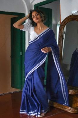SUSHRITA BOUTIQUE Printed Handloom Cotton Blend Saree(Blue)