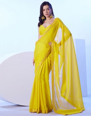 Satrani Embellished, Solid/Plain, Self Design Bollywood Chiffon Saree(Yellow)