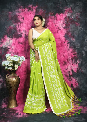 GOURISAREE Printed Tant Cotton Blend Saree(Green)