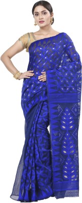 DipDiya Embroidered Jamdani Cotton Linen Saree(Dark Blue)