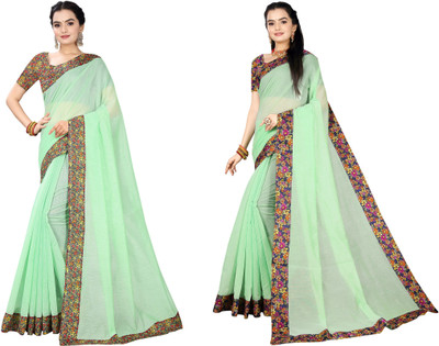 manish Printed Chanderi Cotton Blend Saree(Pack of 2, Light Green)