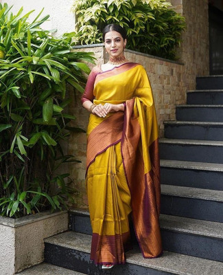 YASHIKA Printed Kanjivaram Cotton Silk, Jacquard Saree(Yellow, Gold)