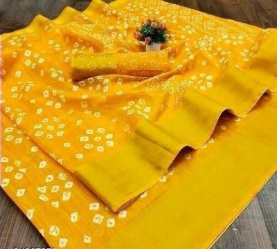 METHRIN CREATION Polka Print Bandhani Cotton Blend Saree(Yellow)