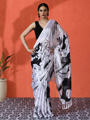 Sangria Printed Daily Wear Satin Saree(White)