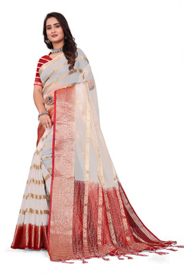 Aarunika IC Solid/Plain Bollywood Organza Saree(White)