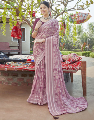 Satrani Floral Print Daily Wear Silk Blend Saree(Pink)