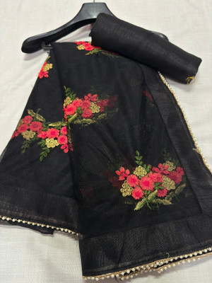 KANJIVARAM STYLE Embroidered Bollywood Net Saree(Black)