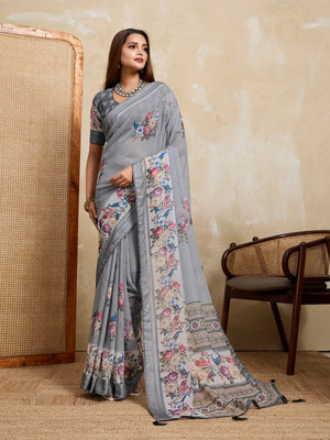 RekhaManiyar Printed Saree with Attached Blouse Georgette Saree(Grey)
