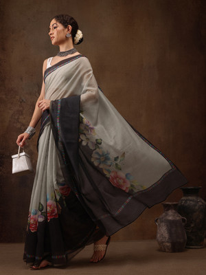 Divastri Floral Print Banarasi Cotton Blend Saree(Grey)