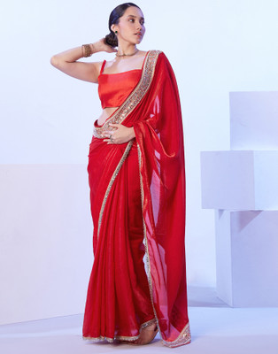 Samah Embellished, Solid/Plain, Self Design Bollywood Jimmy choo, Tissue Saree(Red)