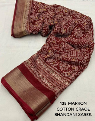 J6 Designers Printed Bandhani Cotton Silk Saree(Maroon)