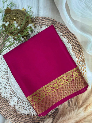 YAANAA FASHION Solid/Plain, Woven, Floral Print Mysore Handloom Muslin Saree(Blue)