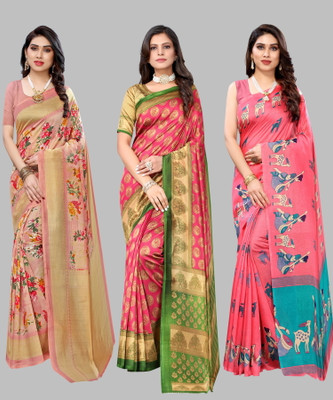 YASHIKA Printed, Paisley, Floral Print Mysore Art Silk Saree(Pack of 3, Orange)