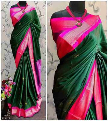 NST5 Self Design, Embellished, Woven Paithani Tissue, Cotton Silk Saree(Green, Pink)