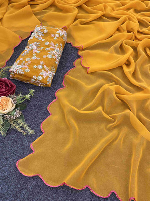 STUTIRUPA ART Embroidered Bollywood Georgette Saree(Yellow)