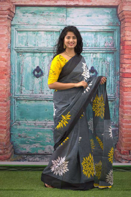 Divyam Printed Handloom Pure Cotton Saree(Grey)