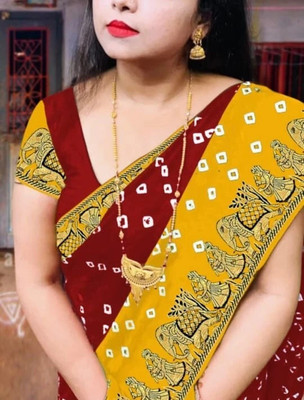 S.R.TEXTILES Printed Bollywood Crepe, Silk Blend Saree(Maroon, Yellow)