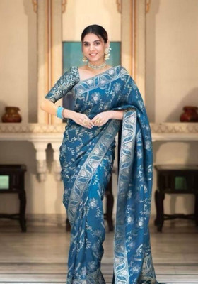 parthfabric Woven, Printed Banarasi Art Silk, Jacquard Saree(Dark Blue)