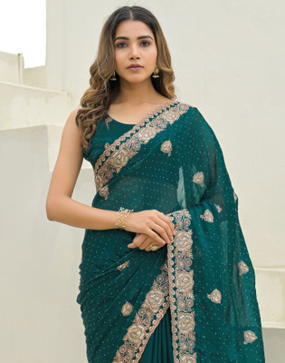 Satrani Embroidered, Embellished Bollywood Jimmy choo, Chiffon Saree(Green)