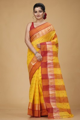 TanaPoren Woven Tant Pure Cotton Saree(Yellow)