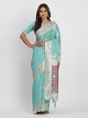 Divastri Woven Banarasi Cotton Linen Saree(Blue)