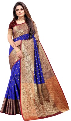 KREZVI Self Design, Printed, Striped, Embroidered, Woven, Floral Print Kanjivaram Jacquard, Pure Silk Saree(Blue)