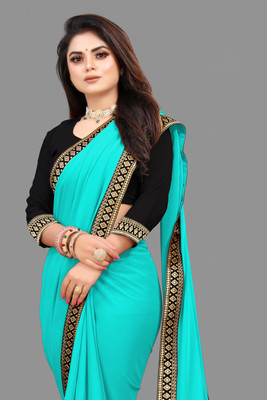 sadika Solid/Plain, Embellished Bollywood Georgette, Chiffon Saree(Light Blue, Black)