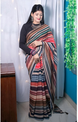 ANOUK Striped Chanderi Georgette Saree(Green)