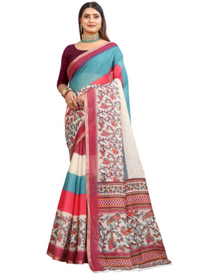Mervadiya Printed Kanjivaram Pure Cotton, Cotton Linen Saree(Blue)