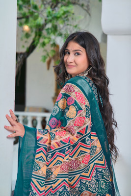 Vinayak Textile Printed Bollywood Linen Saree(Green)