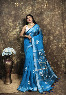 GulabiSaheba Printed Saree with Attached Blouse Cotton Silk Saree(Blue)