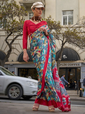 Divastri Printed Bollywood Satin Saree(Grey)