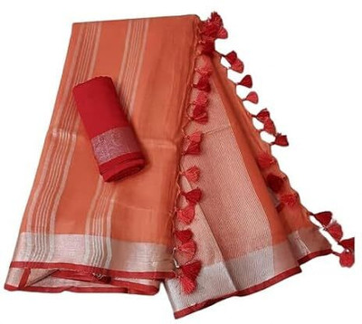 HAIDER ALI AND SONS Solid/Plain Handloom Cotton Linen Saree(Orange)